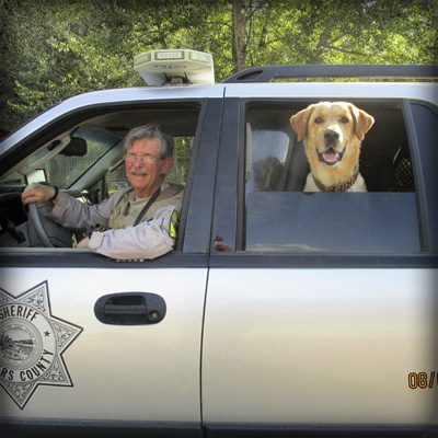 A police officer and his dog in the car.